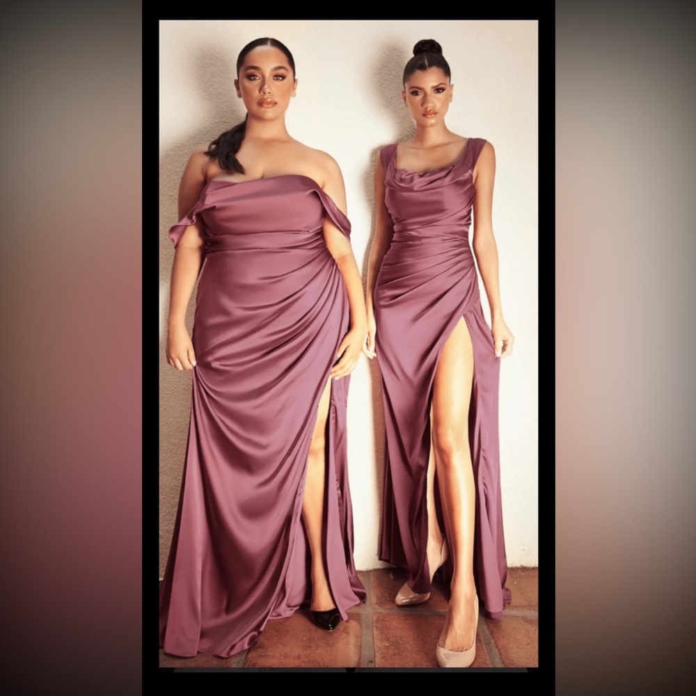 NWT Cinderella Divine Size 6 Mauve Rose Off Shoulder Satin Slit Leg Ruched Dress